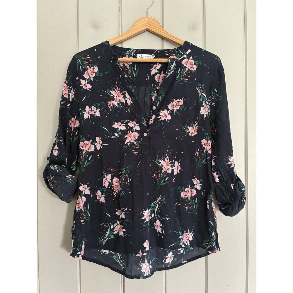 Carve Designs Dylan Gauze Top S Small Henley Shirt Blue Floral Cotton